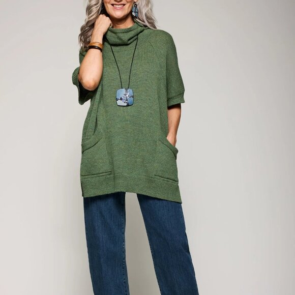 LISA BAYNE Oversize Green 100% Alpaca Cowl Neck PALOMA Poncho Sweater XL/XXL